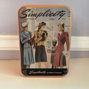 Simplicity patterns April 1943 fashion collectible tin by Bristolware